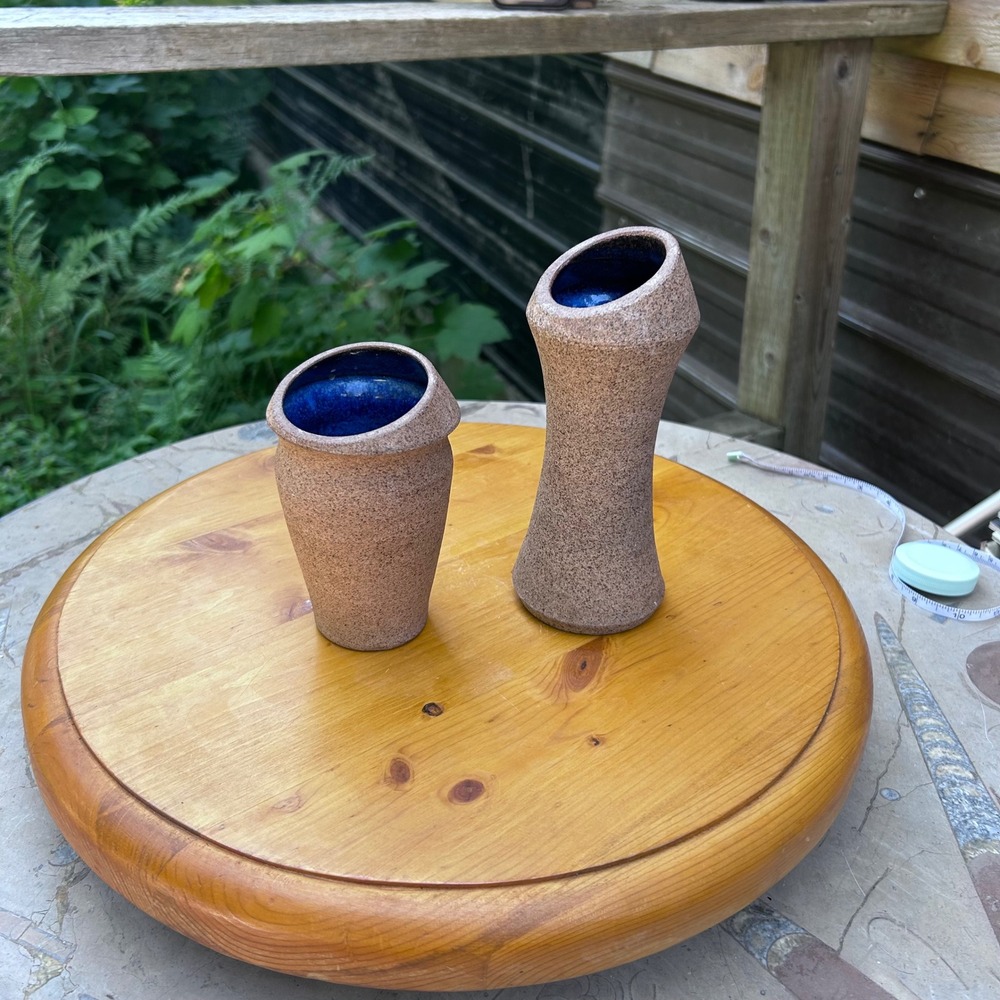 Vintage Studio Pottery Vase Set Cobalt Blue Glaze Ceramic Pair MCM Signed ML 99